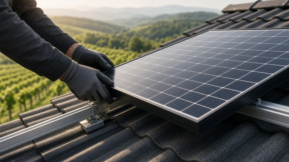 Hände in Arbeitshandschuhen montieren ein Photovoltaikmodul auf einem dunklen Ziegeldach, im Hintergrund Weinberge